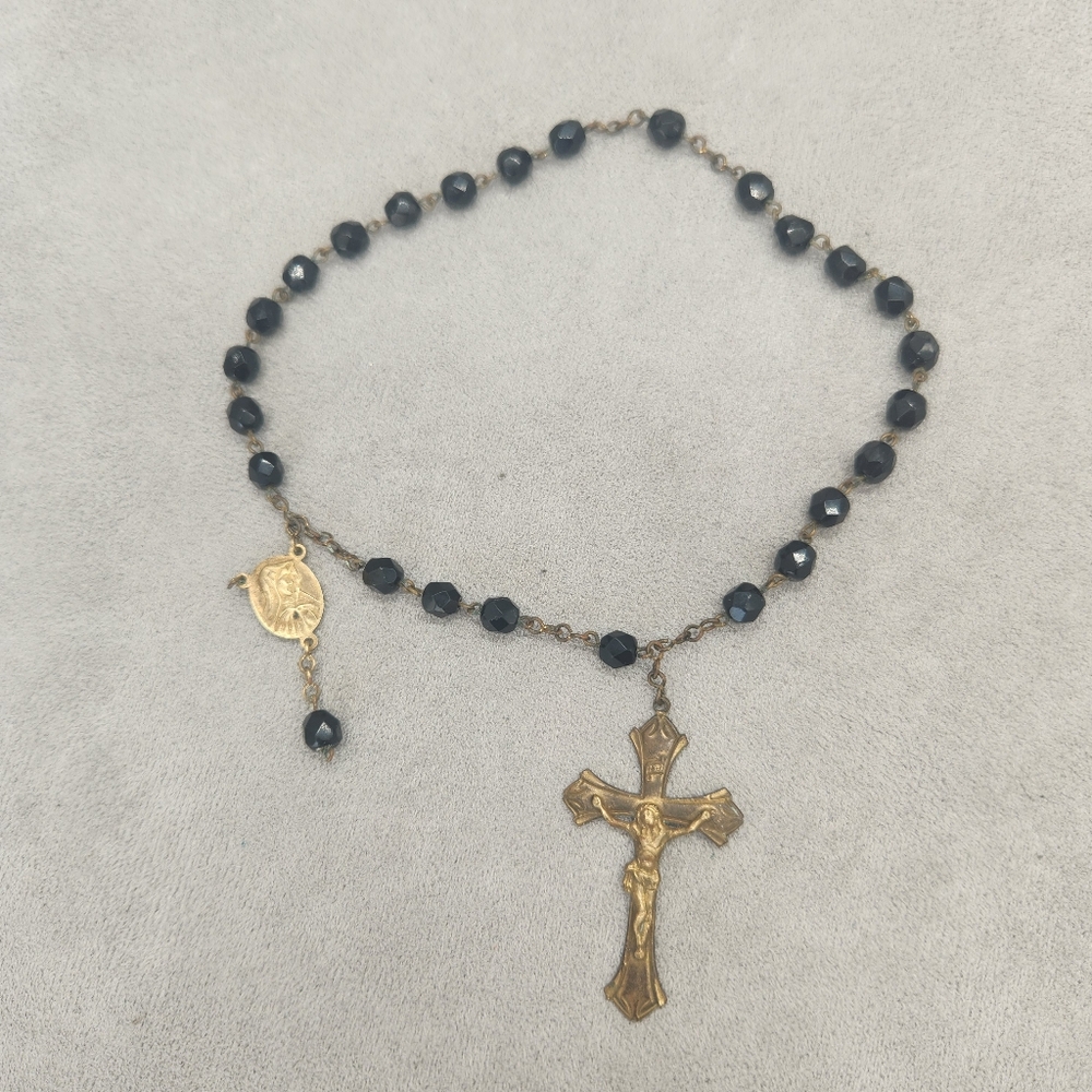Vintage Rosary Black Beaded Auto Pocket Religious Crucifix Virgin Mary Catholic